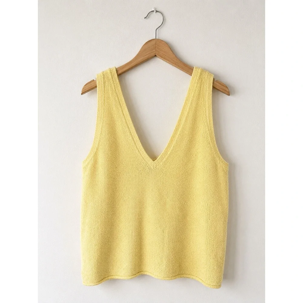 Free People FP Beach Sweater Tank Womens Small Yellow Cotton Tie Shoulder Boho